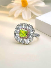 925 Sterling Silver Floral Deco Olive Green Lab Diamond Statement Ring