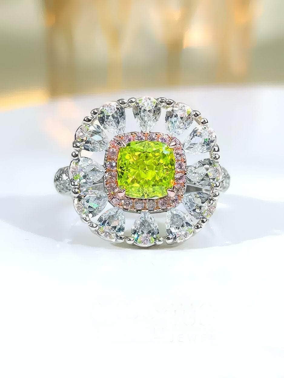 925 Sterling Silver Floral Deco Olive Green Lab Diamond Statement Ring 5 US / OliveGreen