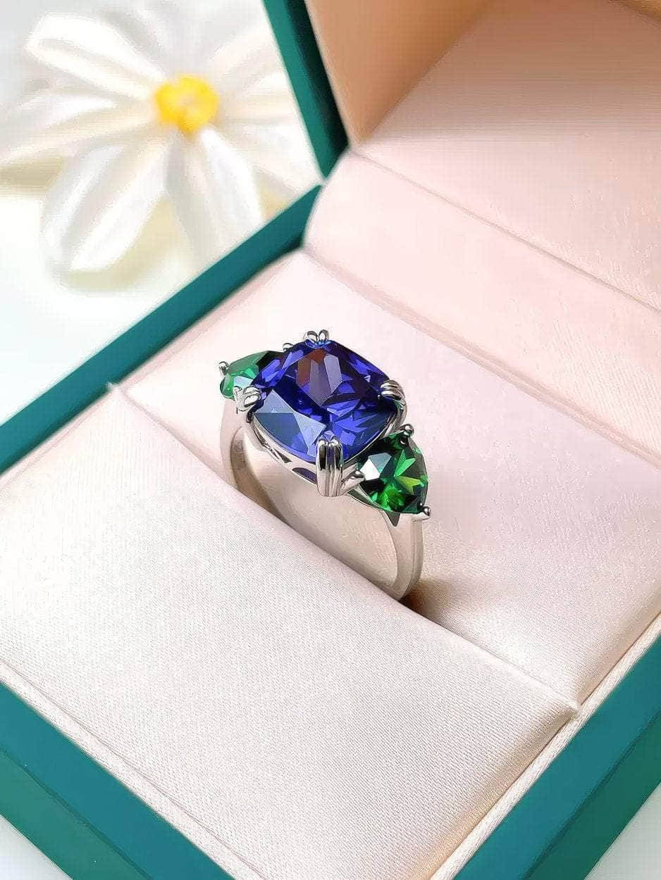 925 Sterling Silver Lab Grown Diamond Tourmaline Tanzanite Princess Cut Ring