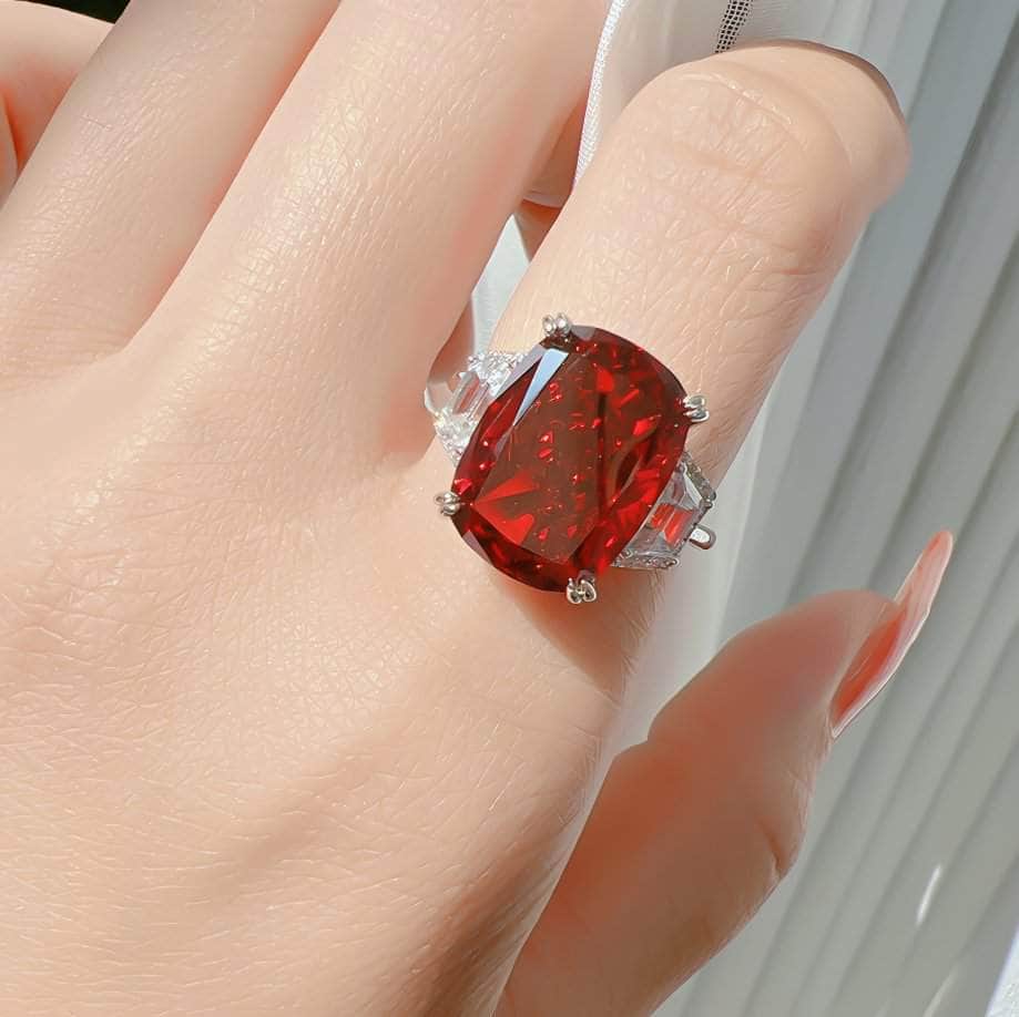 925 Sterling Silver Oval Cut Lab Grown Diamond Three Stone Ruby Ring