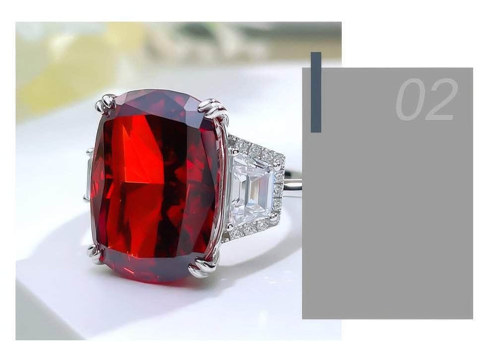 925 Sterling Silver Oval Cut Lab Grown Diamond Three Stone Ruby Ring