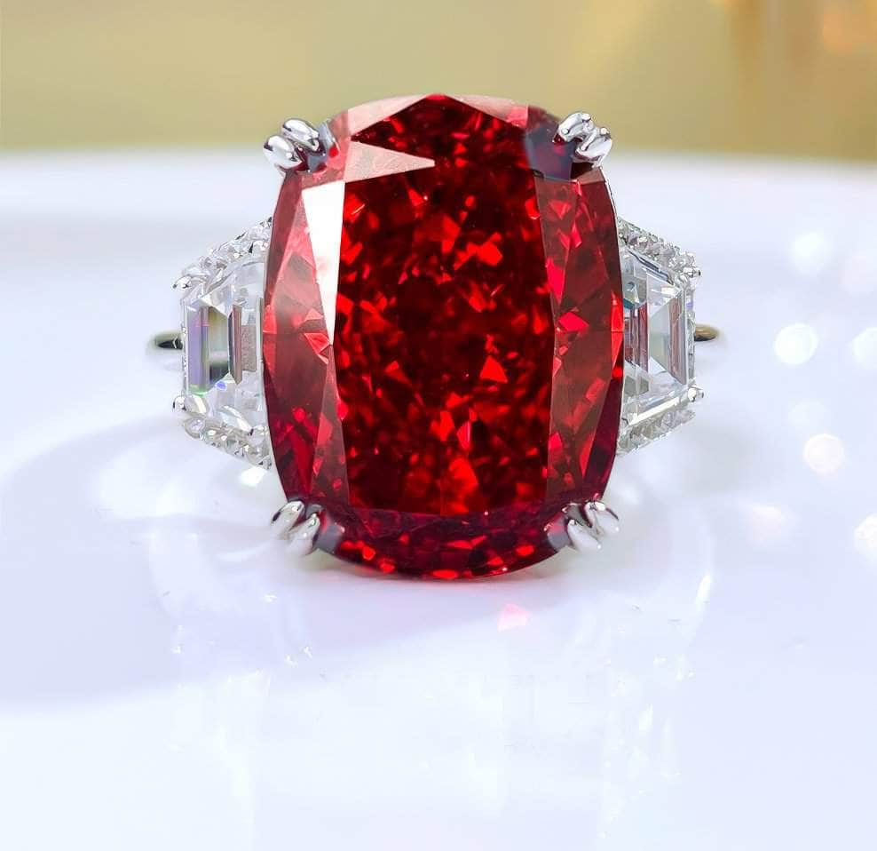 925 Sterling Silver Oval Cut Lab Grown Diamond Three Stone Ruby Ring 5 US / Ruby