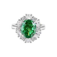 925 Sterling Silver Oval-Shaped Paved Crystal Lab-Created Diamond Gemstone Ring 6 US / Emerald