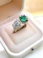 925 Sterling Silver Panther Decor Lab Grown Paved Diamond Gemstone Ring