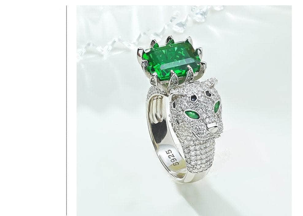 925 Sterling Silver Panther Decor Lab Grown Paved Diamond Gemstone Ring