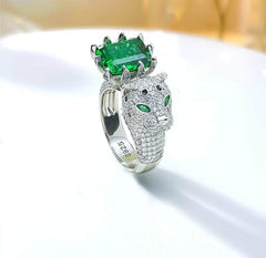 925 Sterling Silver Panther Decor Lab Grown Paved Diamond Gemstone Ring 5 US / Emerald