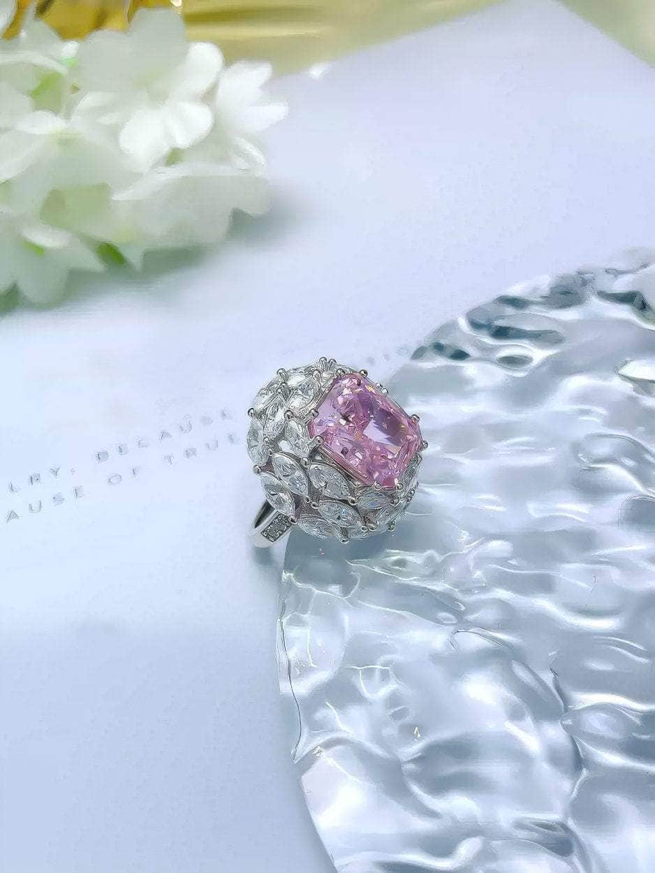 925 Sterling Silver Prong Setting Lab Diamond Pink Sapphire Emerald Cut Ring