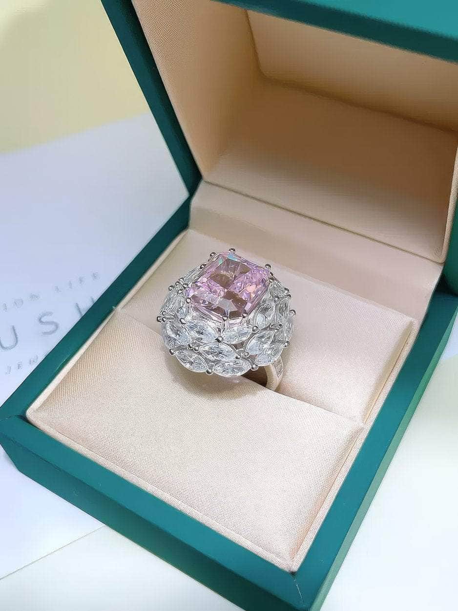 925 Sterling Silver Prong Setting Lab Diamond Pink Sapphire Emerald Cut Ring