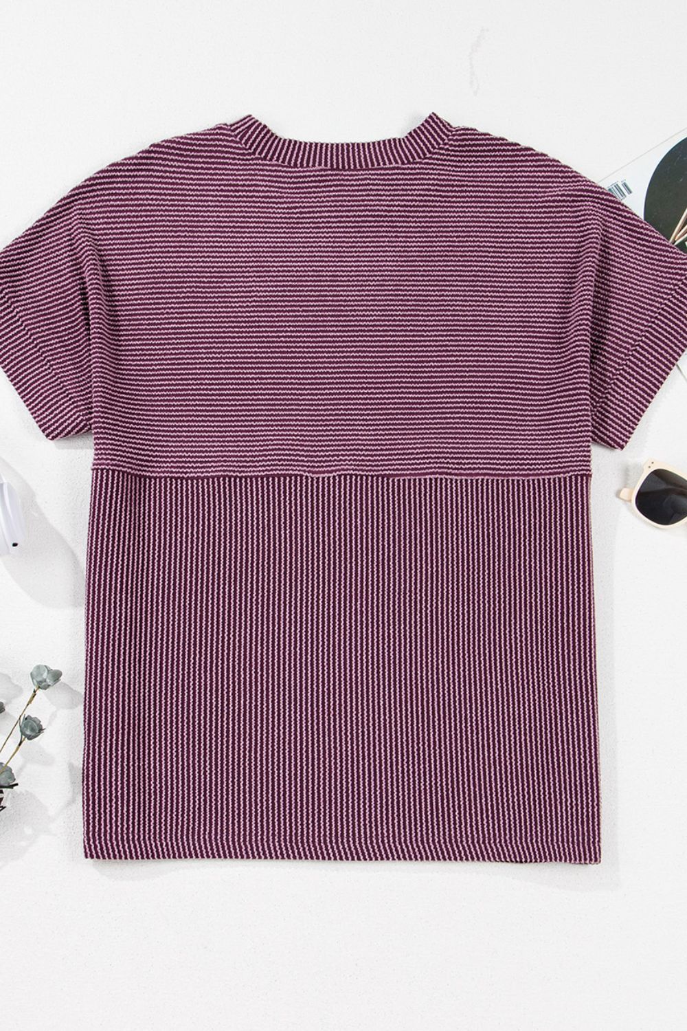 Corded Knit Mock Neck Short Sleeve T Shirt