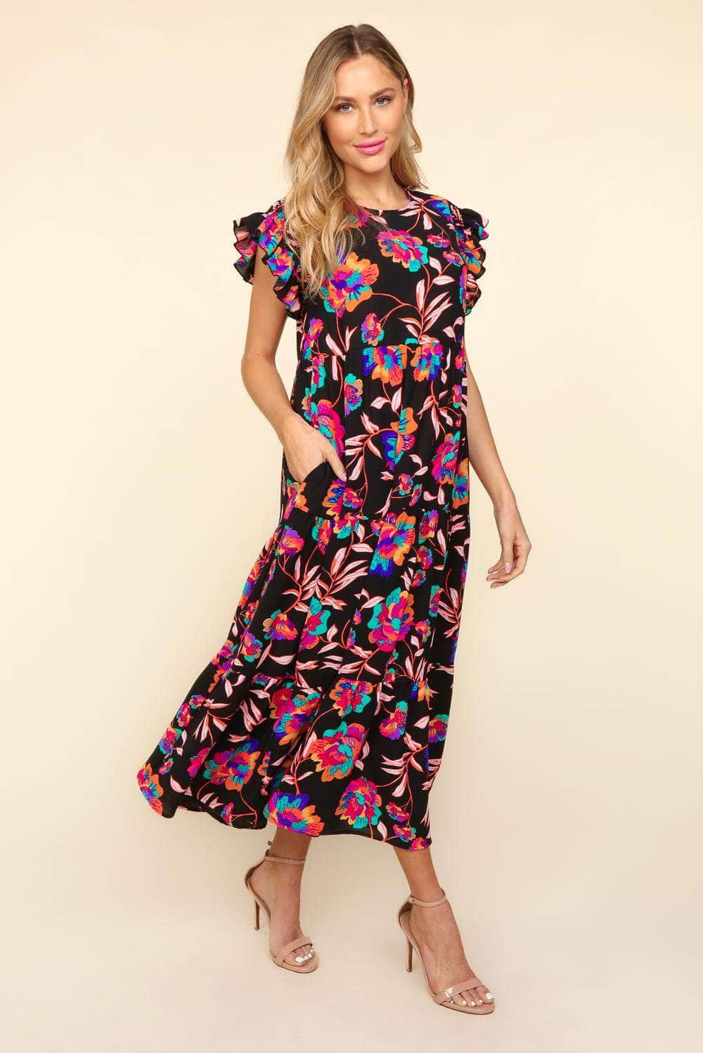 Haptics Ruffled Printed Round Neck Cap Sleeve Dress