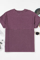 Corded Knit Mock Neck Short Sleeve T Shirt