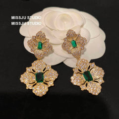 Baroque Emerald Gemstone Paved Crystal Gold Earrings