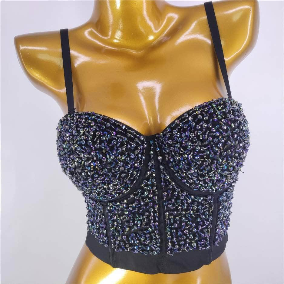 Beaded Rhinestone Push-Up Bustier Bralette Top