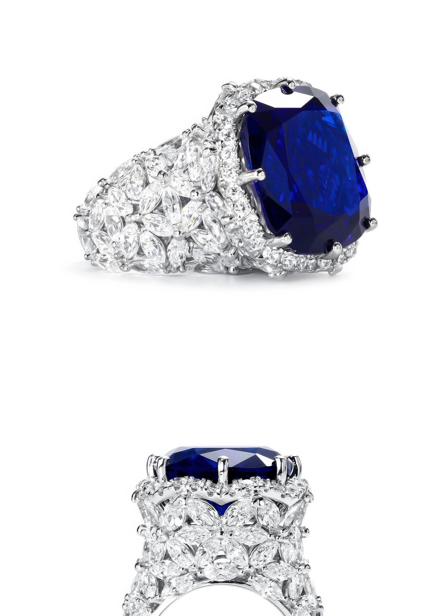 Blue Sapphire Cushion Cut Lab Diamond Statement Ring