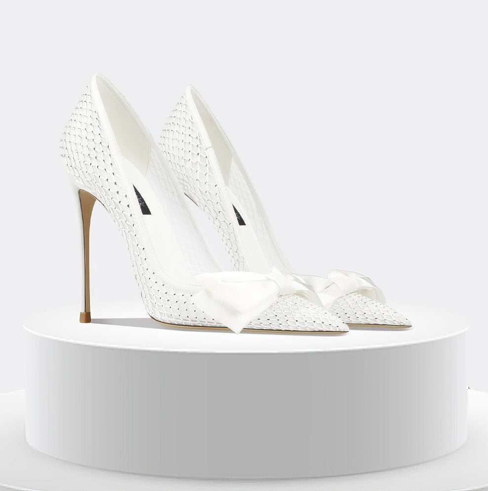 Bow Detail Mesh Pointy Toe High Heels