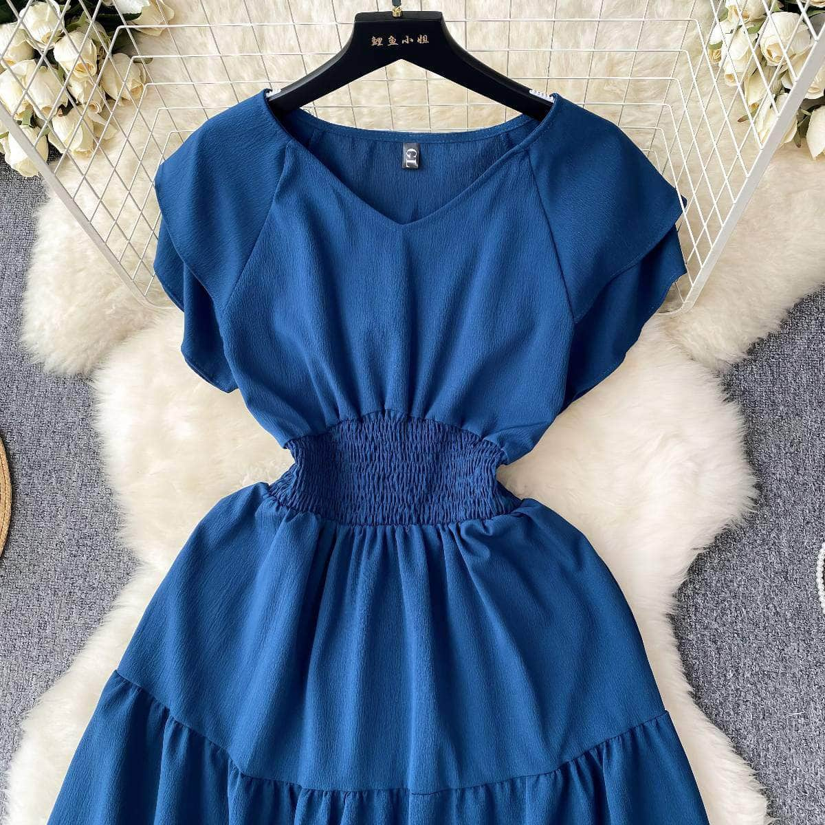 Butterfly Sleeves Ruched Waist Layered A-line Dress