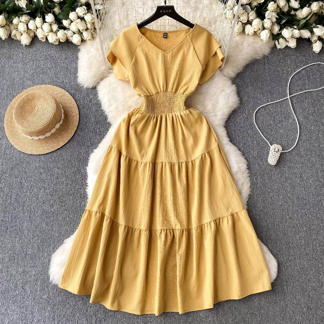 Butterfly Sleeves Ruched Waist Layered A-line Dress MAX SIZE / Yellow