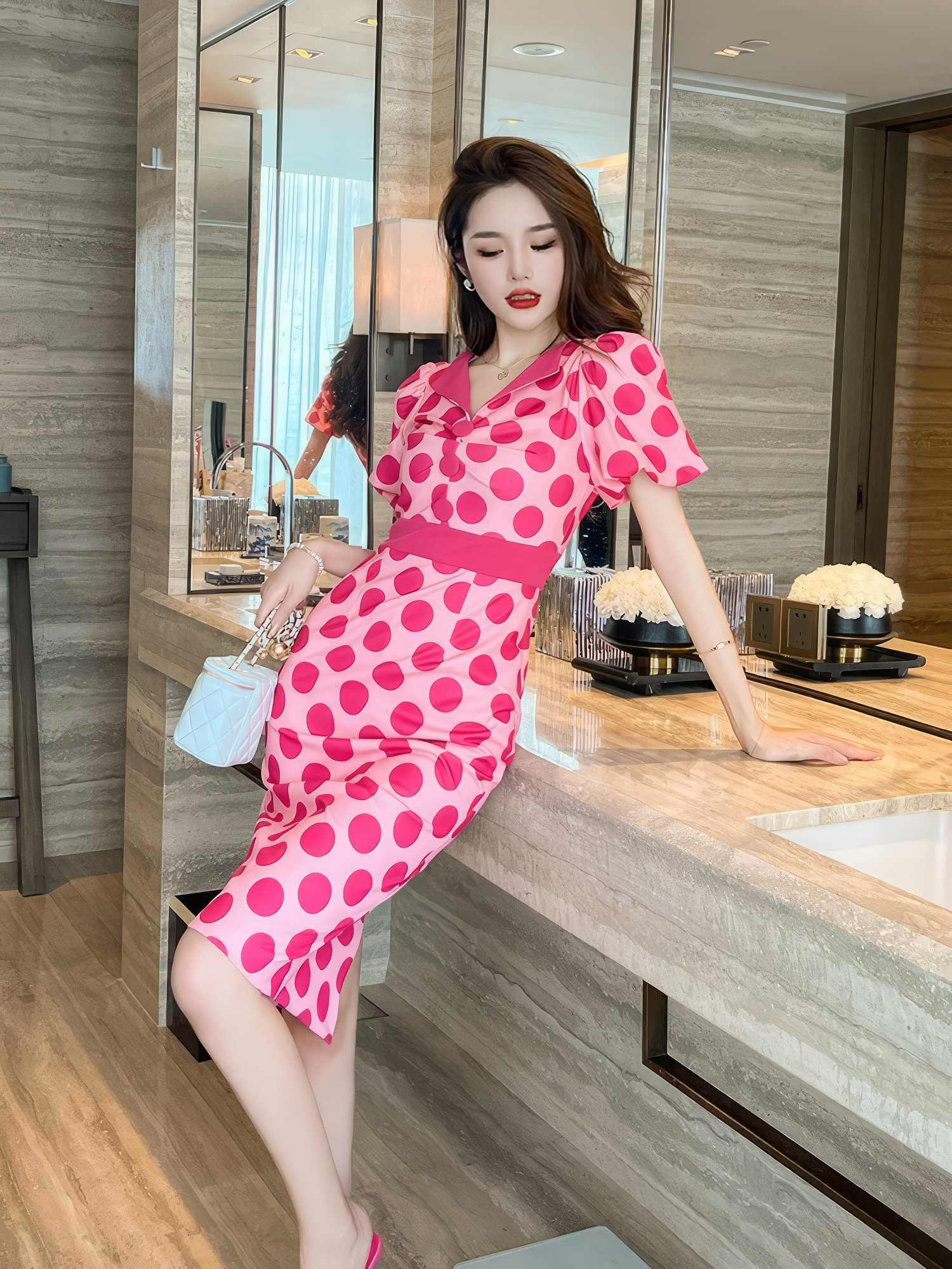 Button Detailed Flared Sleeves Polka Dot Dress