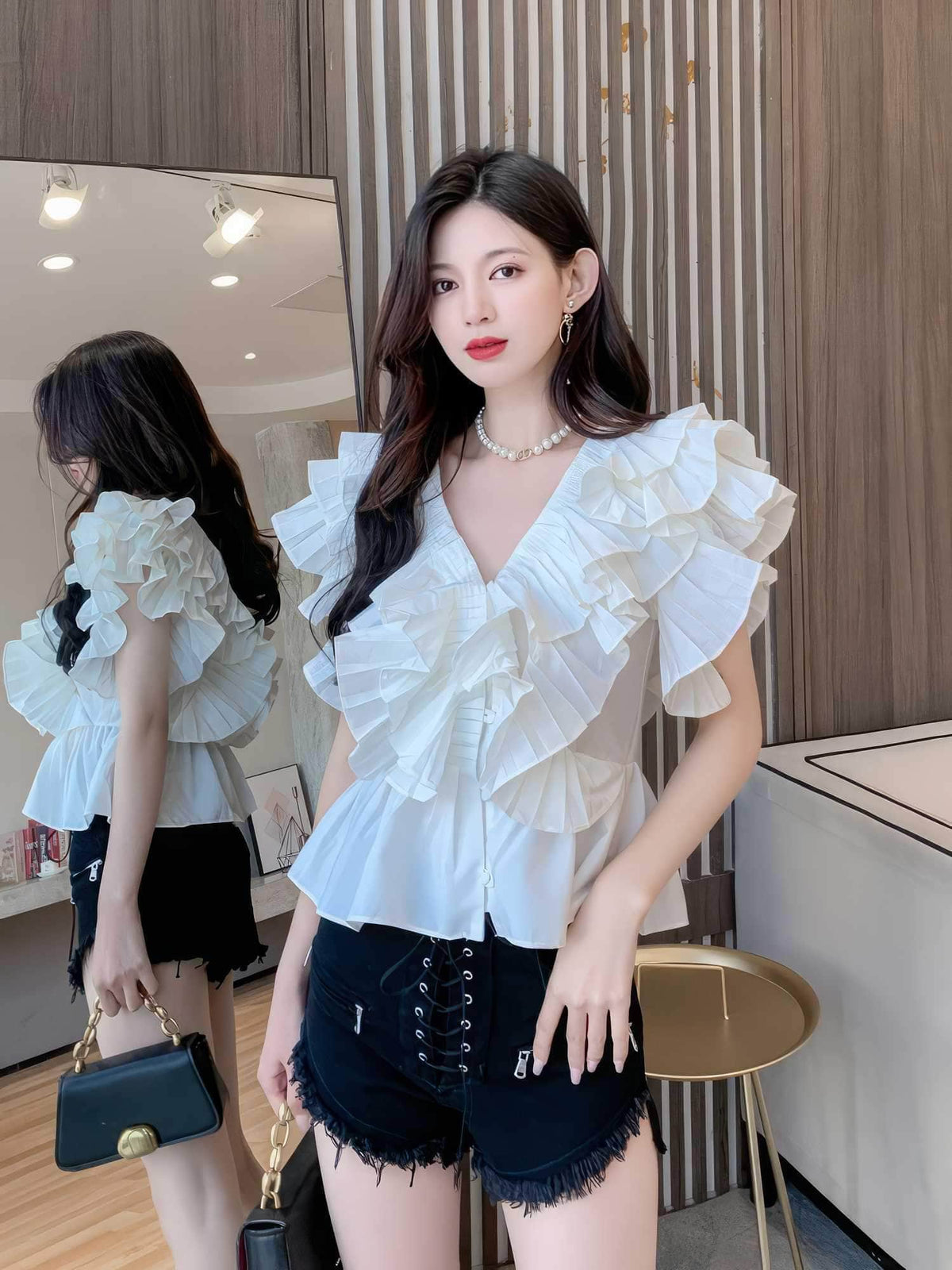 Buttoned Down Ruffled V-Neck Loose Blouse