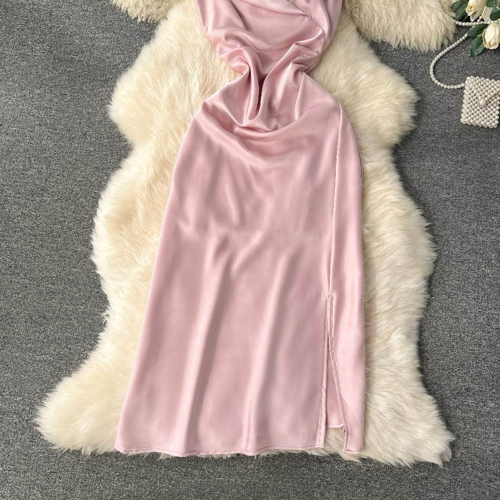 Cami Draped Side Slit Satin Dress