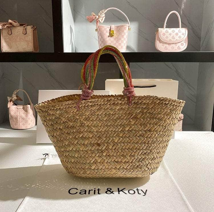 Classic Tote Woven Basket Handbag with Diamond Detail