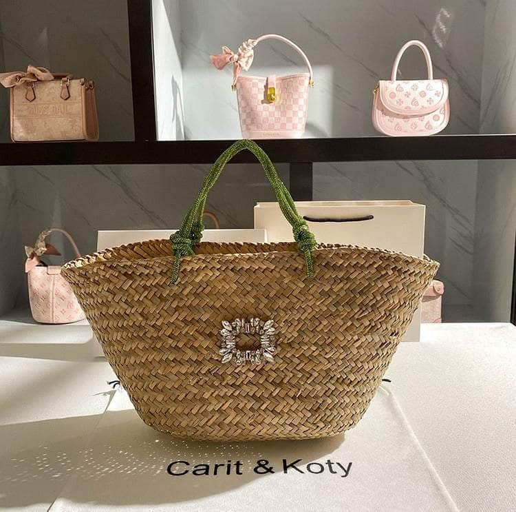 Classic Tote Woven Basket Handbag with Diamond Detail