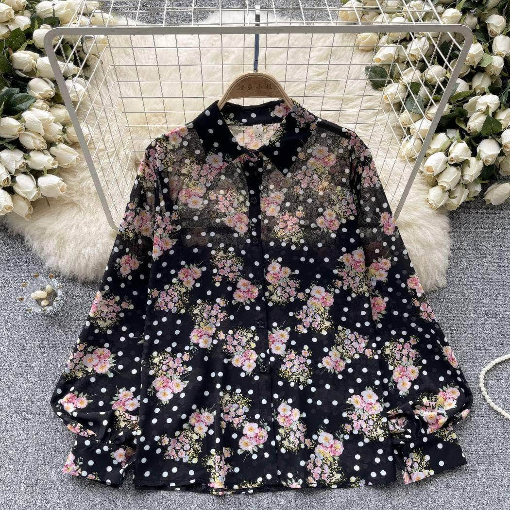 Collared Buttoned Down Lantern Sleeves Floral Shirt