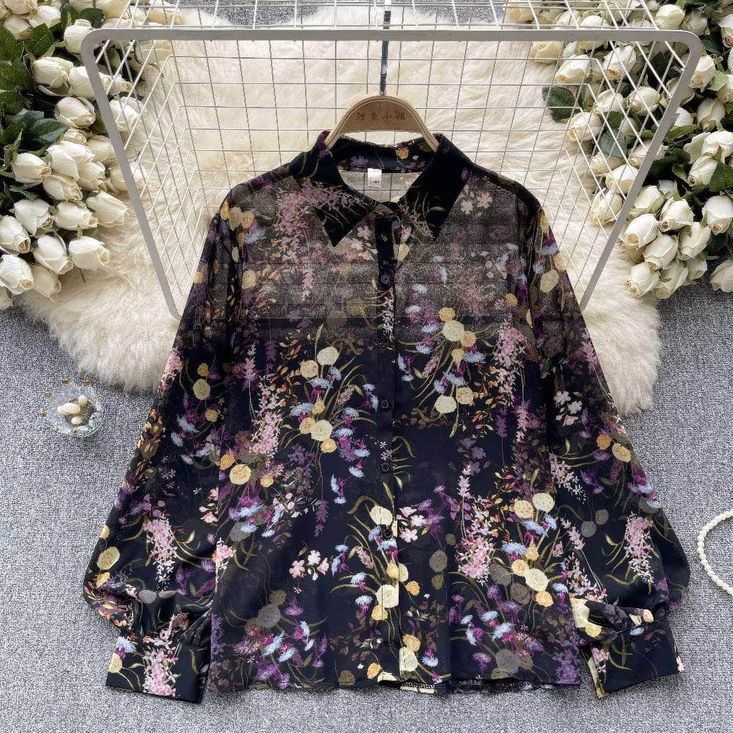 Collared Buttoned Down Lantern Sleeves Floral Shirt