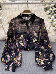 Collared Buttoned Down Lantern Sleeves Floral Shirt