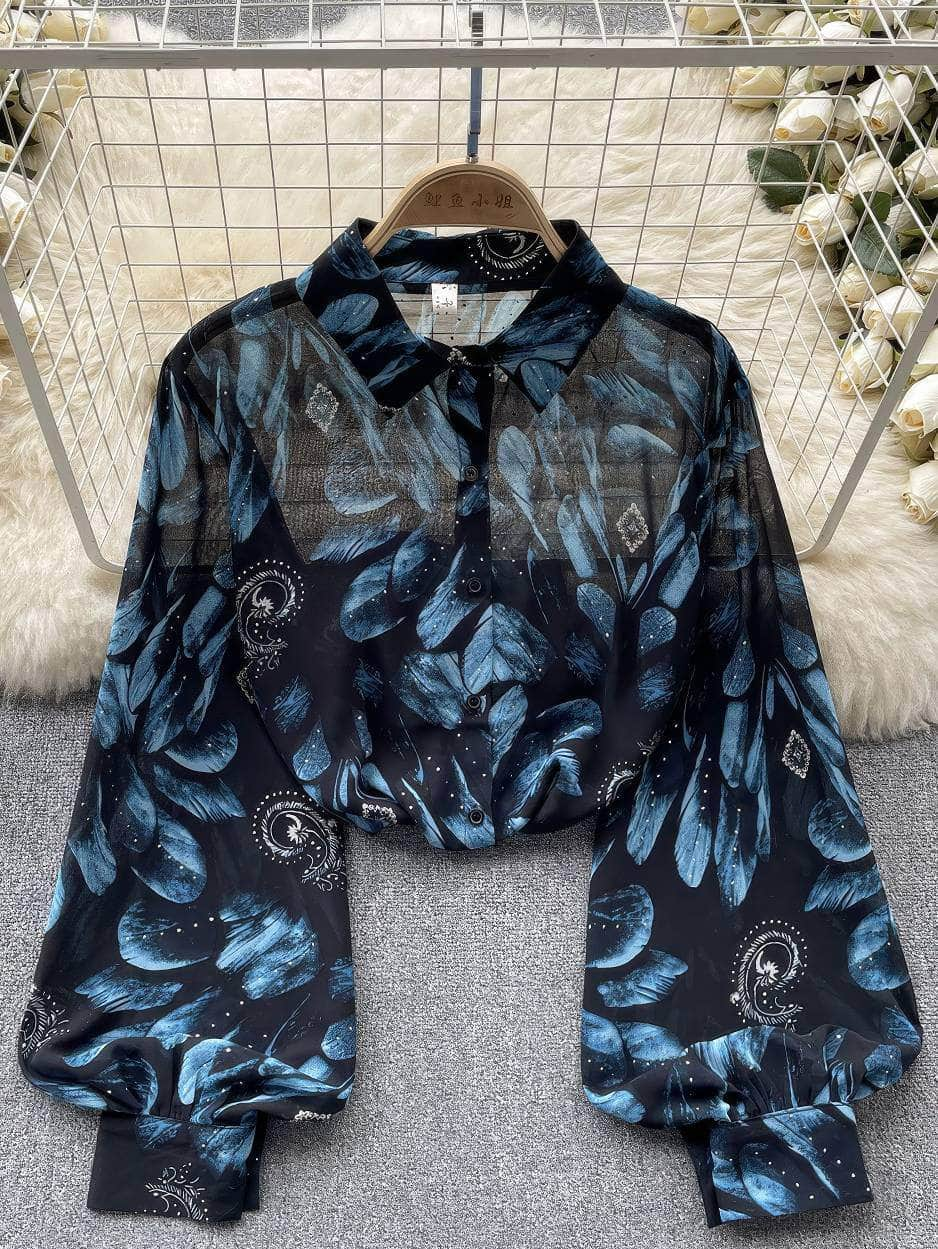 Collared Buttoned Down Lantern Sleeves Floral Shirt