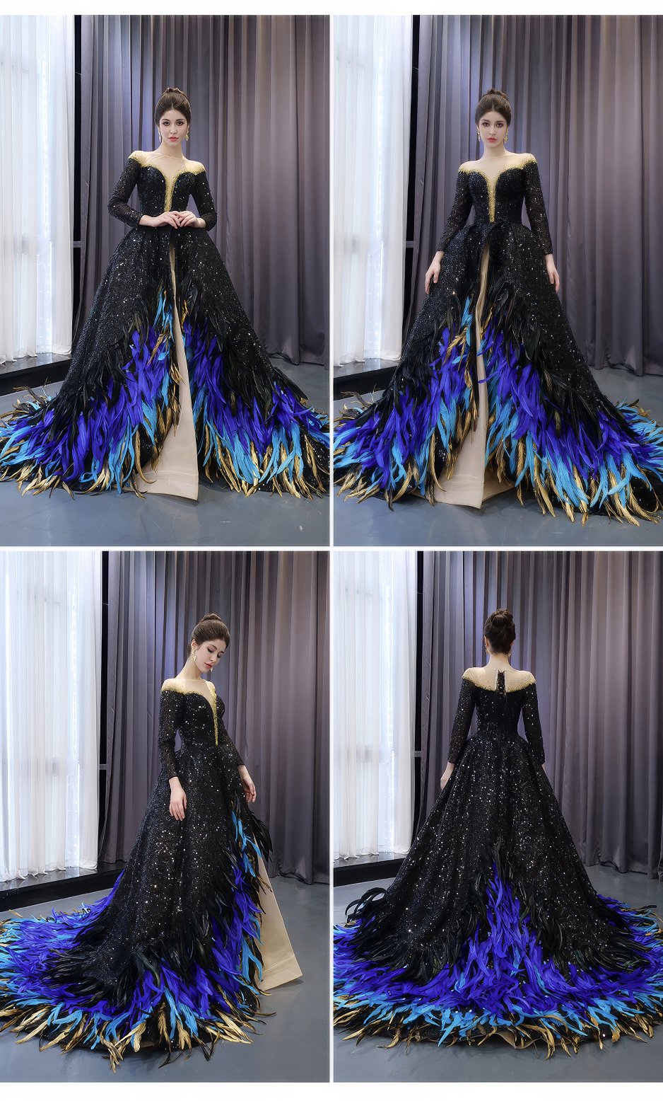 Crystal Beaded Sequin Gothic Ball Feather Accented Dress - E9T2A