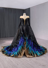 Crystal Beaded Sequin Gothic Ball Feather Accented Dress - E9T2A