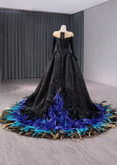 Crystal Beaded Sequin Gothic Ball Feather Accented Dress - E9T2A