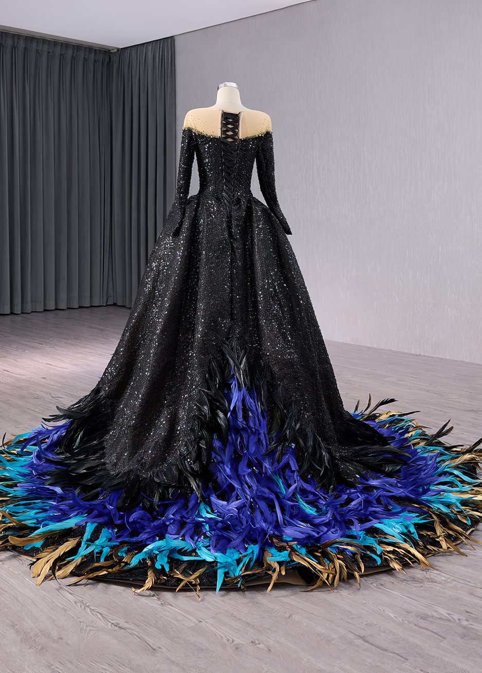 Crystal Beaded Sequin Gothic Ball Feather Accented Dress - E9T2A