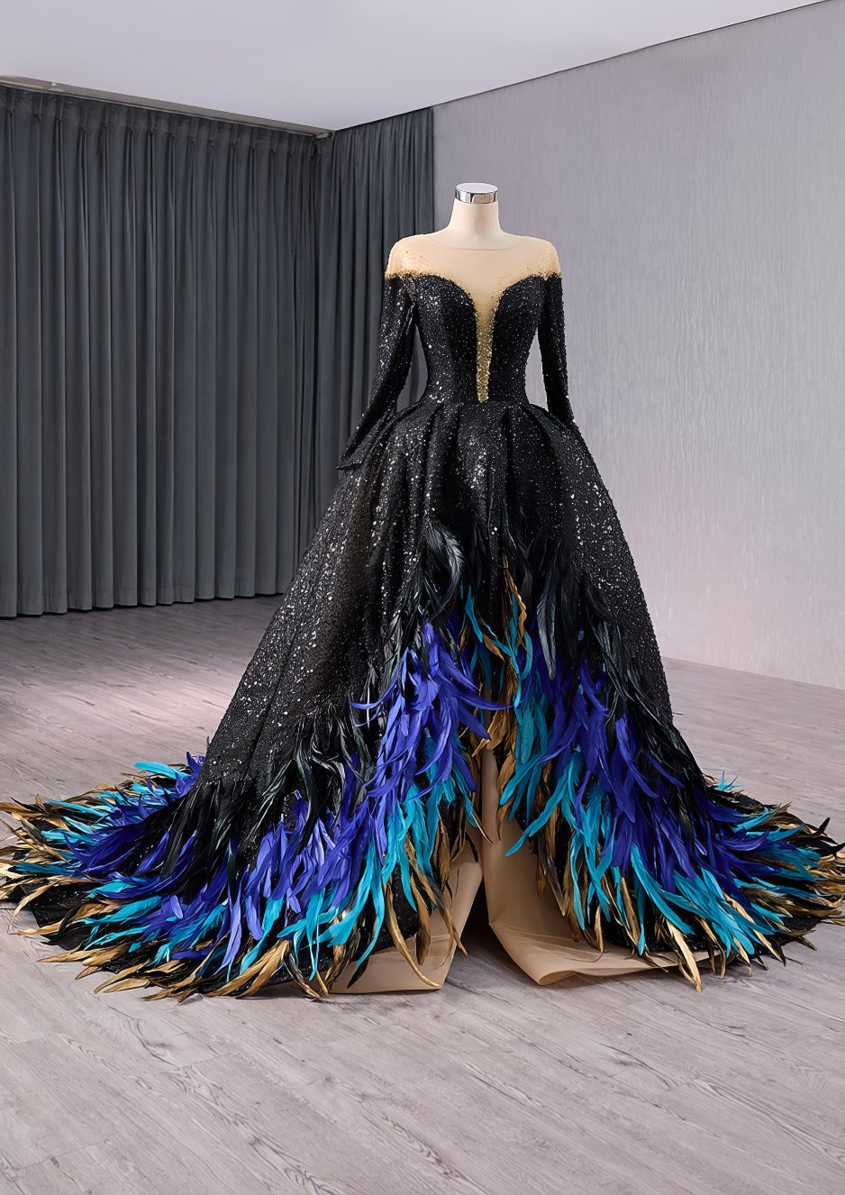 Crystal Beaded Sequin Gothic Ball Feather Accented Dress - E9T2A