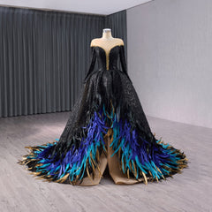 Crystal Beaded Sequin Gothic Ball Feather Accented Dress - E9T2A