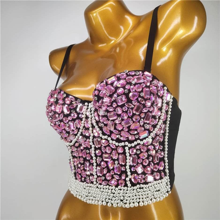 Crystal Rhinestone Pearl Bead Bustier Bralette