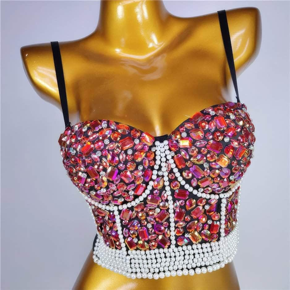 Crystal Rhinestone Pearl Bead Bustier Bralette S / Red