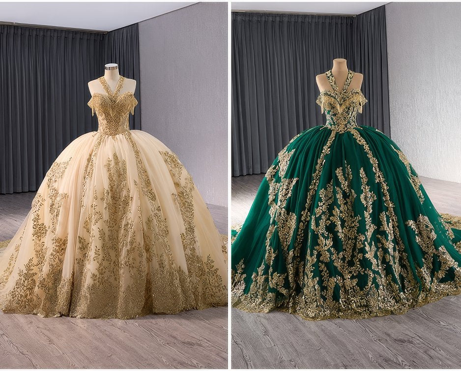 Emerald Green Quinceañera Gold Beaded Frill-Accented Dress - D2X5Y