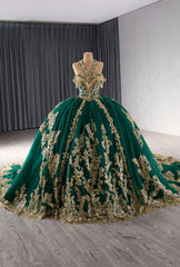 Emerald Green Quinceañera Gold Beaded Frill-Accented Dress - D2X5Y