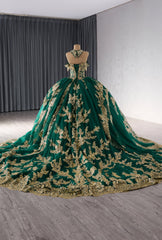 Emerald Green Quinceañera Gold Beaded Frill-Accented Dress - D2X5Y