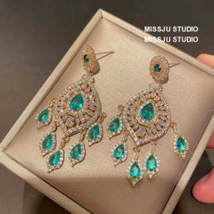 Emerald Rhinestone Chandelier Tassel Earrings