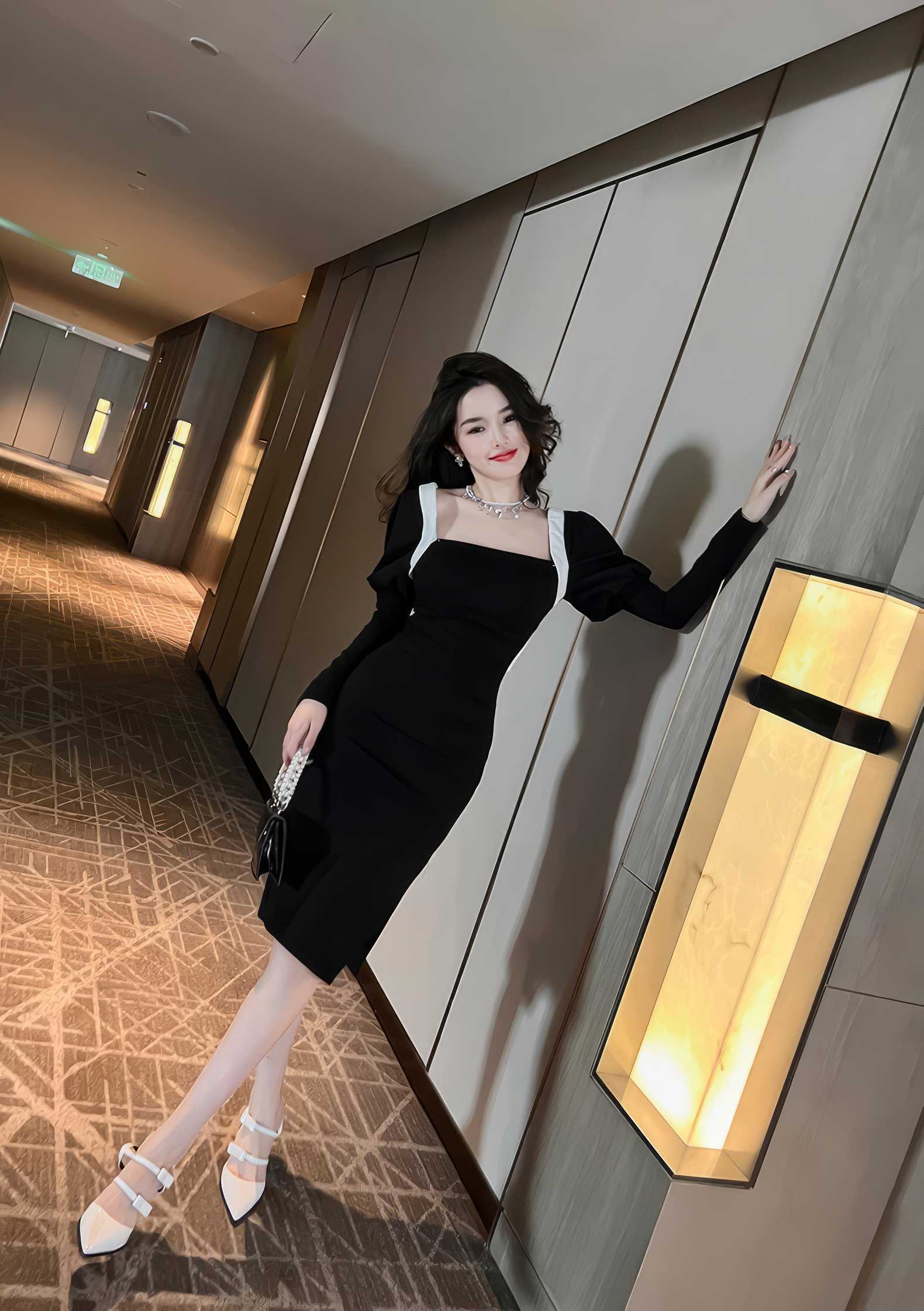 Exaggerated Long Sleeve Square Neck Ruched Dress