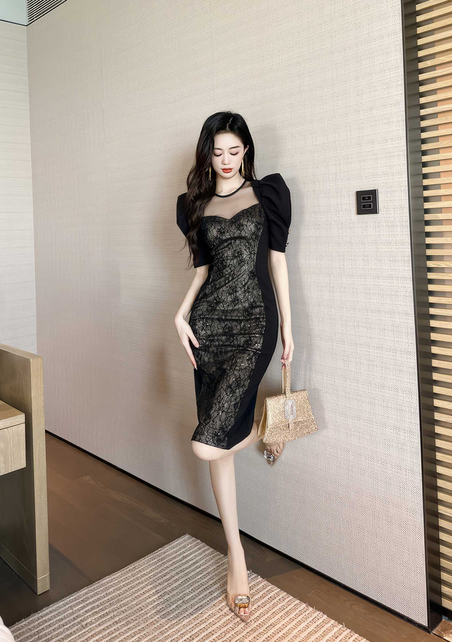 Exaggerated Puff Sleeves Sweetheart Lace Midi Dress