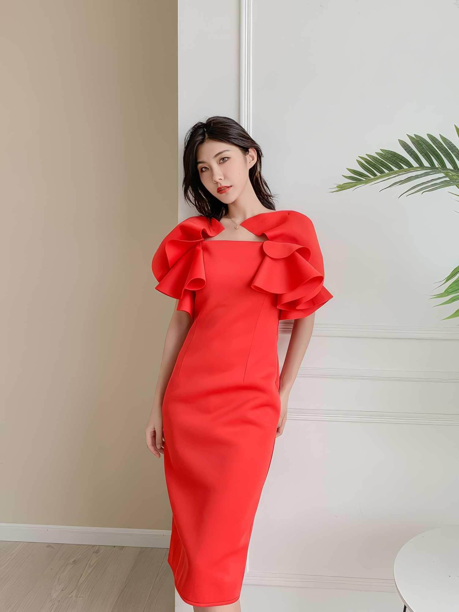 Exaggerated Ruffle Scuba Column Dress