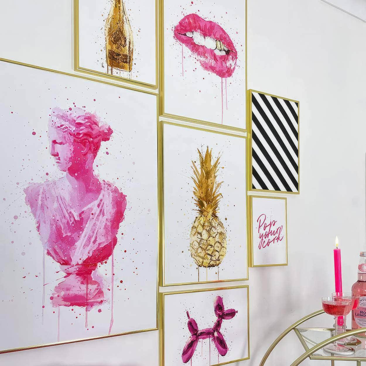 Fashion Lips and Champagne Canvas: Pink Pineapple, Golden Balloon Dog Wall Art