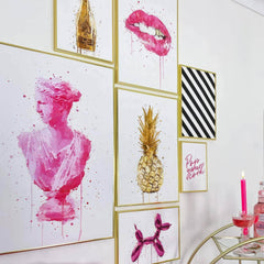 Fashion Lips and Champagne Canvas: Pink Pineapple, Golden Balloon Dog Wall Art