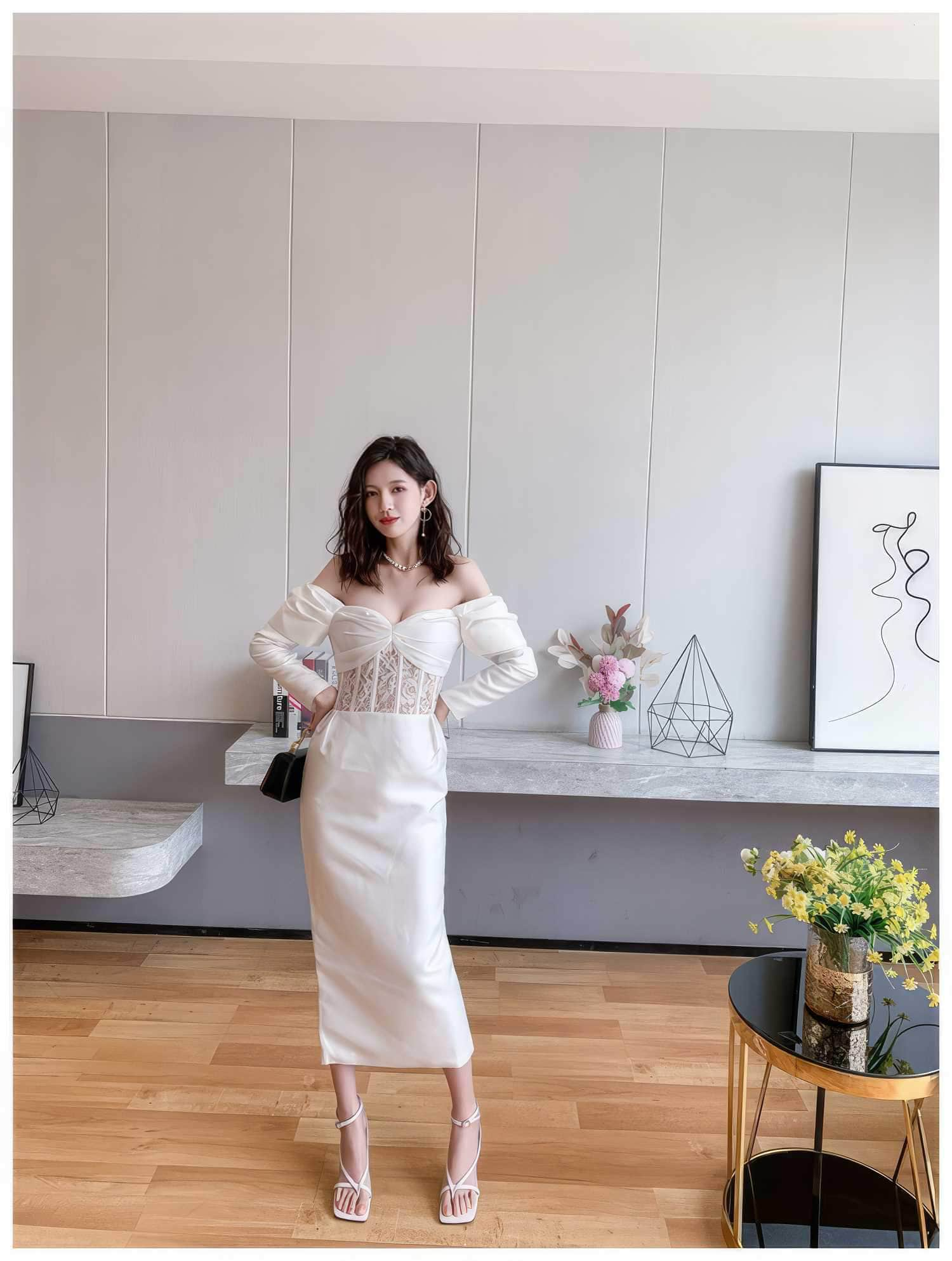 Flared Long Sleeve Satin Lace Dress