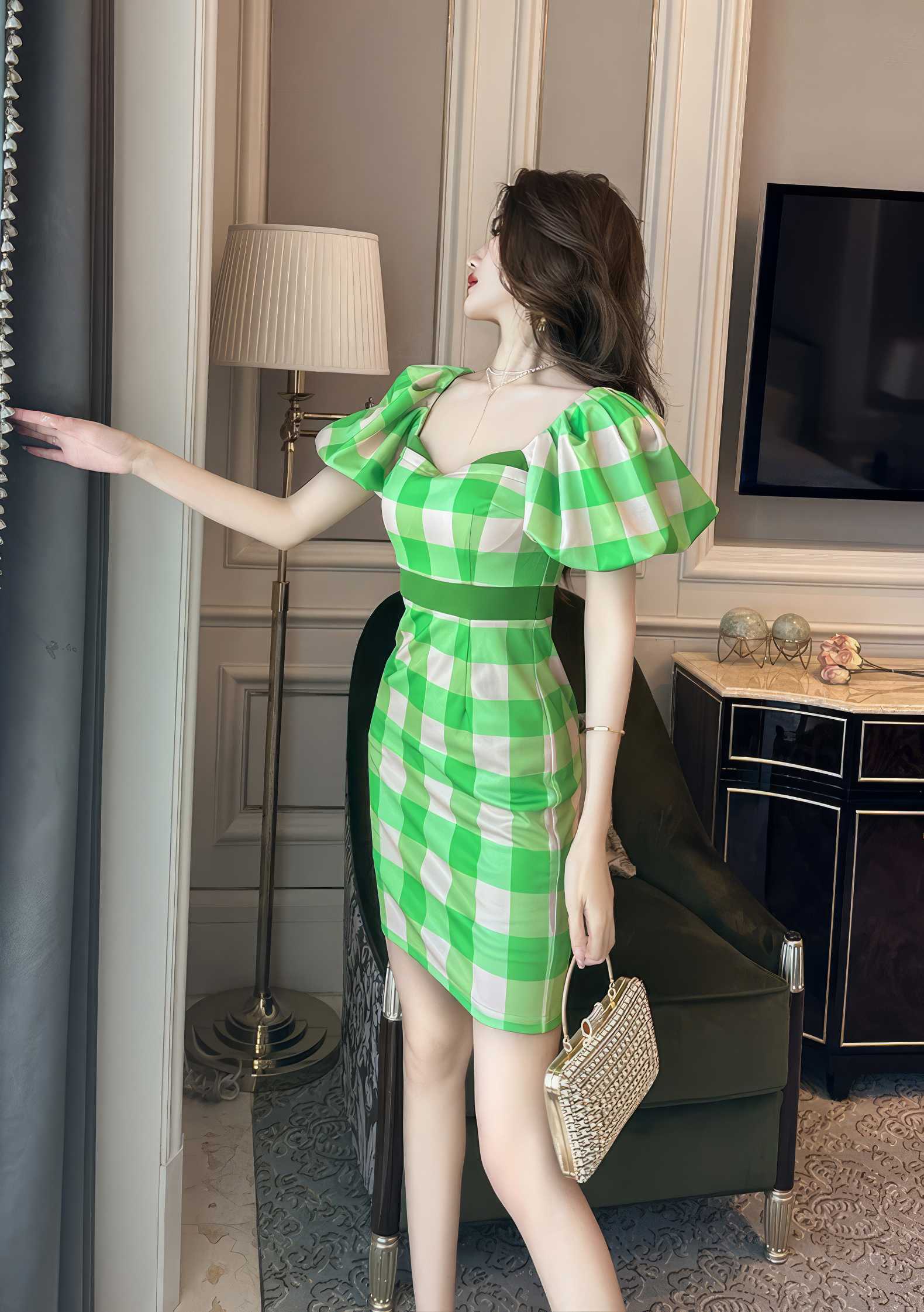 Flared Sleeves Mini Plaid Dress