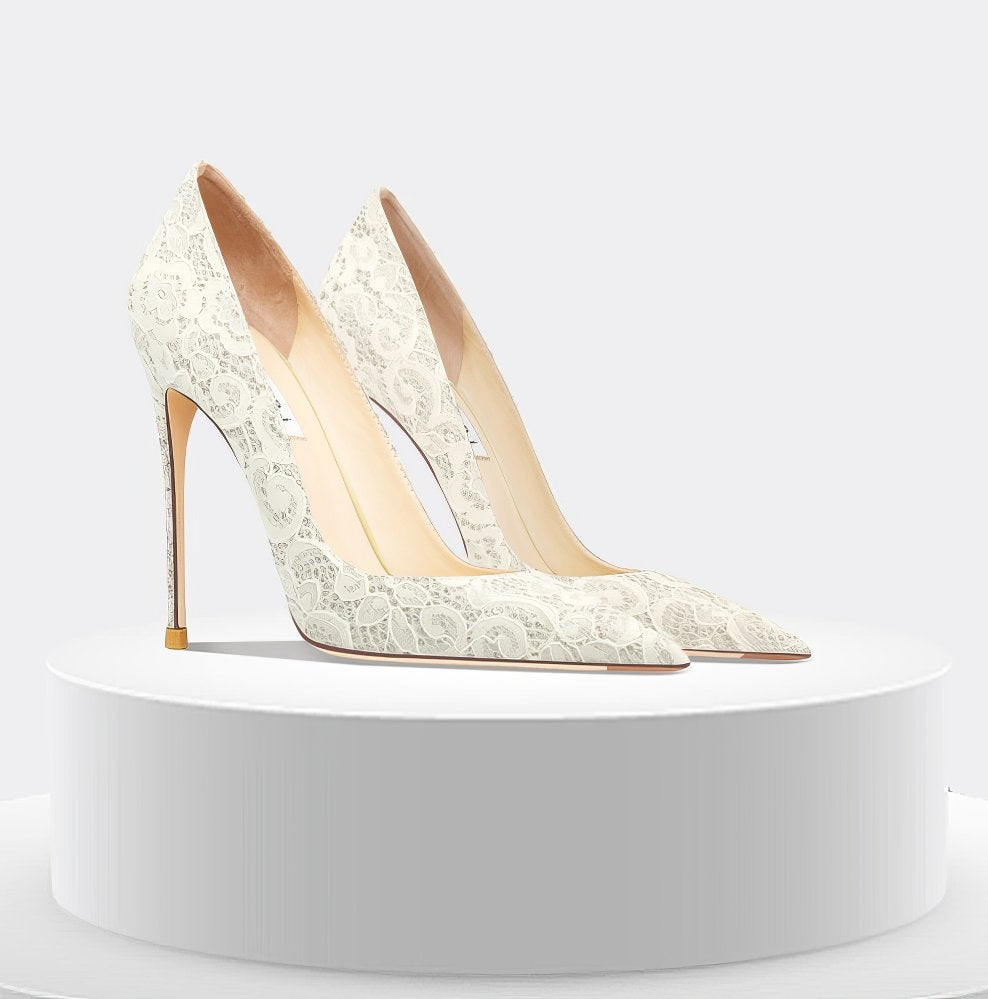 Floral Lace Pointy Toe High Heels Pumps